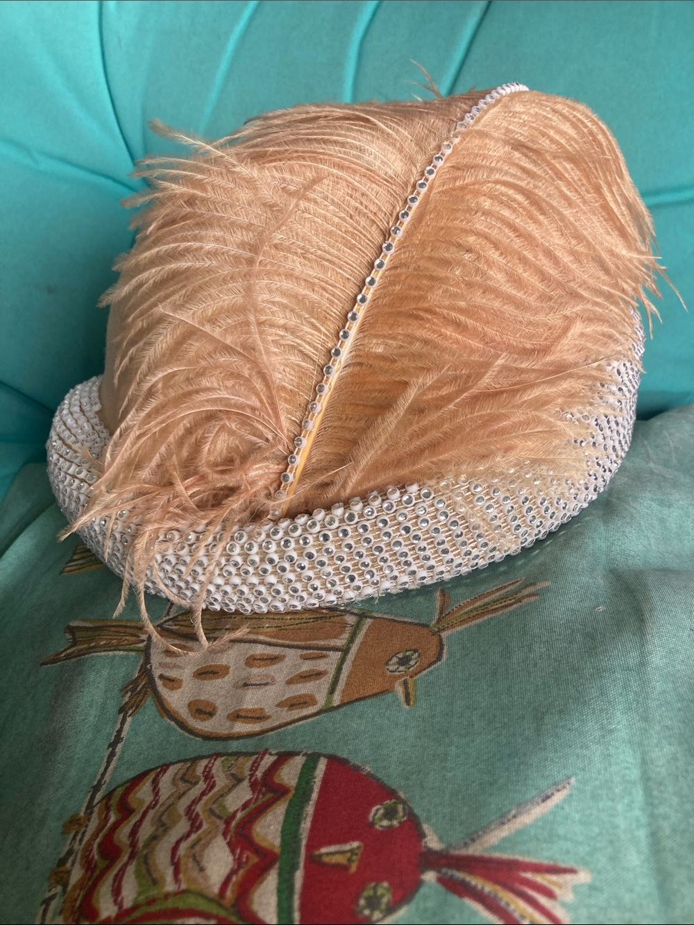 Ellie  Beige Feather and Crystal Accented Cloche Hat